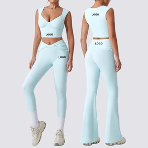 High Quality Women Yoga Set Sexy Tank Top V Cut Waist Leggings Set Flared Pants Gym Set