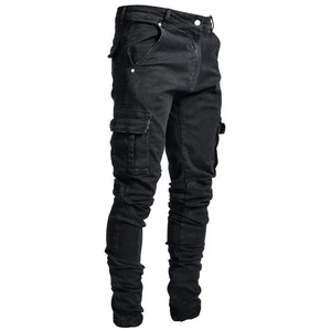 RNSHANGER Street Elastic Jeans Men Denim Cargo Pants Wash Solid Color Multi Pockets Casual Trousers Slim Fit Daily Wear Joggers