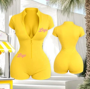 Custom Logo Brand Rompers Women One Piece Zipper Workout Gym Body Basics Jumpsuit Playsuit Bodysuit For Women