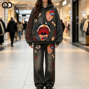 Custom Women Applique Embroidery Hoodie Set Streetwear Acid Washed Oversized Pullover Sweatsuit Wide Leg Denim Pants Set OEM