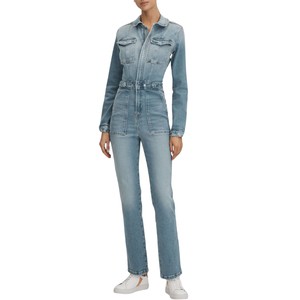 Women Denim Overalls Jumpsuit Summer Full Length Long Sleeve Regular Fit Button Front Casual Belted Design High Waist Dark Wash