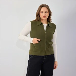 Plus Size Women Zip up Polo Collar Jacquard Sleeveless Pocket Daily Commute Outdoor Travel Layering Waistcoat Knit Vest