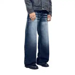 Wholesale Custom Embroidered Streetwear Jeans Men's Straight Boys Loose Fit Baggy Wide Leg Eco-Friendly Winter Stonewashed