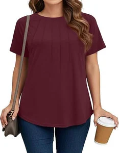Tops Summer Casual Short Sleeve T-Shirts Crewneck Pleated Blouses Dressy Loose Fit Fashion Tops
