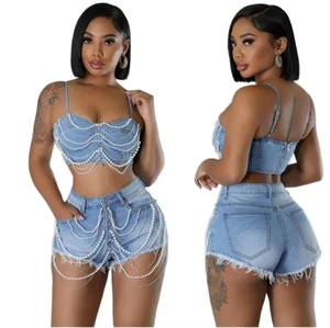 Women's Sexy Denim Two Piece Set Spaghetti Strap Pearls Patchwork Vintage Crop Top + Skinny Fit Shorts for Summer Washed