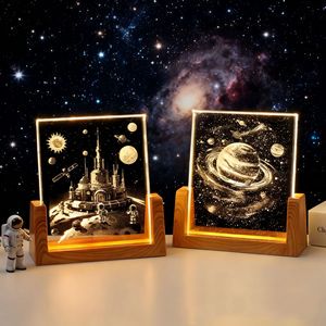 Luminous LED Crystal Glass Children's Bedside Night Lamp Laser Engraving Floral Pattern Home Decor With Wood Base