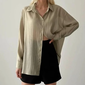 Minimalist Sheer Sun Protection Casual Beach Cover up Blouse Women Crinkle Textured Oversized Long Sleeve Loose Fit Shirt