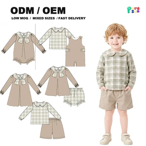 Puresun Boys Clothing Set Plaid Shirt Shorts Set Peter Pan Collar Long Sleeve Top Khaki Shorts 2pcs Set Boutique Kids Clothes