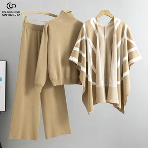 Wholesale Knitwear Women's Three-Piece Suit Temperament Socialite Cardigan Knitted Sweater Shawl Cape Wide Leg Pants Women's Set