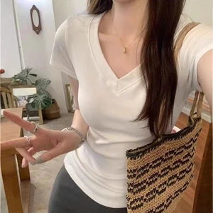 Women's Casual Summer Short-Sleeved V-Neck T-Shirt 100% Cotton Thickened Neck Slim-Fit Waist High Knitted Top Anti-Pilling