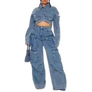 Custom Manufacture High Quality Women's 2 Pic Denim Set Washed Distressed Cropped Jacket Wide Leg Pants Pockets Decoration Denim
