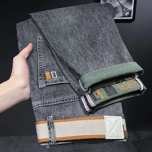Custom Wholesale High-end Men's Autumn Casual Mid Rise Straight Gray Printed Quick Dry Jeans New Trend Long Trousers Washed