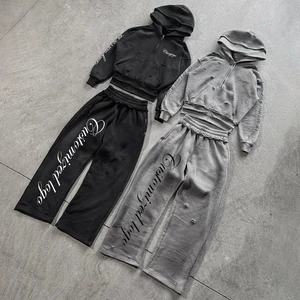 Custom Sweatsuit Double Waist Sweat Suit Hoodie Stacked Flare Sweatpants Set Baggy Oversized Men Tracksuit
