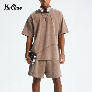 Custom Logo Fashion Oversized Summer T-Shirt Retro Short Sleeve Casual Solid 100%Cotton O-Neck Blank Knitted Breathable