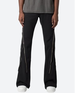 Yinope New Design Fashion Custom Men's Outer Seam Long Zipper Trims Vintage Wash Black Distressed Stacked Flare Fit Denim Jeans