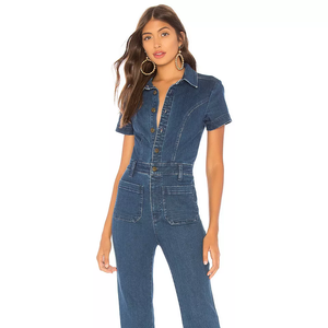 Yuhong Fashion Dark Blue Turn Down Neck Short Sleeve Buttons Flare Legging Women Denim Jumpsuits