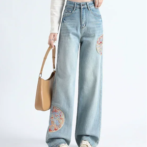 OEM OED High Rise Loose Straight Jeans Women Casual Boyfriend Fit Chinese Style Rivet Embroidery Cotton Material