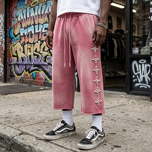 Y2k Custom Acid Wash Pearl Washed Cropped Capri Sweatpants French Terry Cotton 3/4 Three-quarter Knee Length Sweat Shorts