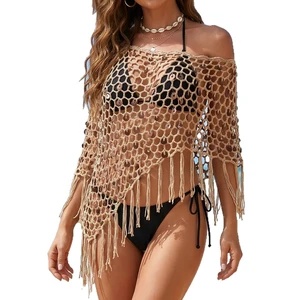 Sparkly Hollow Out Crochet Cover up Beachwear for Women Sequin Tassel Asymmetrical Knit Tops Beach Swimsuit Cover-up