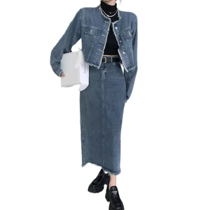 Crew Neck Single Breasted Denim Blue Color Lady Long Sleeve Casual Fashion Cotton Denim Jeans Jacket for Women