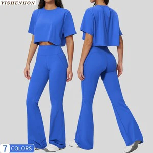 YSH OEM 2-Piece Solid High Stretch Breathable Yoga Set Flared Padded High Waist Pilates Gym Active Wear Athletic Women's