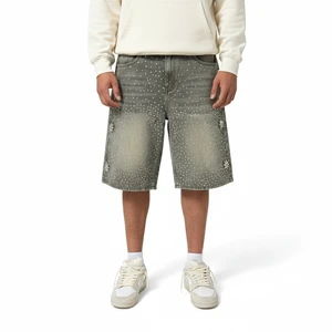 Custom Men's Street Wear Heavyweight Denim Shorts allover Rhinestones Denim Jeans Shorts for men and women