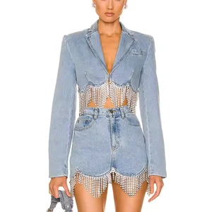 New Arrival High Quality Women's Denim Suit Sexy Crop Jacket Top Rhinestone Mini Skirt Acid Wash Faded Denim Women Set