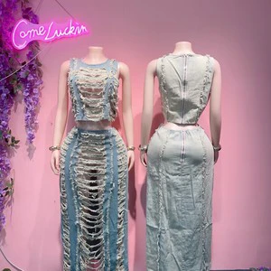 European and American Women's Denim Suit Cross-border Women's Fashion Handmade Worn-out Vest High Slit Denim Skirt Set