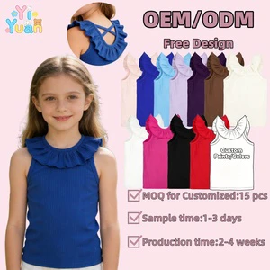 Custom Girls Royal Blue Neck Ruffle Collar Designs Tank Sleeveless Tops Ribbed Knit Cotton Slim Fit T Shirts Casual Summer Tees