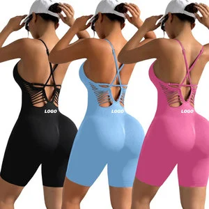 New Arrival Solid Color Seamless Tight High Elasticity One Piece Sports Fitness Shorts Jumpsuit Yoga Suit Gym Workout Rompers