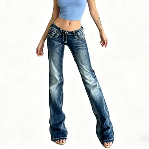 Women's Pants OEM/ODM Y2K Low Rise Embroidered Bootcut Jeans Vintage Washed Denim Trousers OEM Custom Wholesale