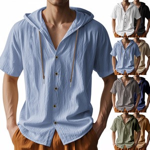 Cross Border Men's Sports and Leisure Comfortable Short Sleeved Shirt Hooded Sweatshirt Cardigan Trendy Versatile Loose T-shirt