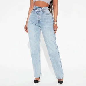 OEM/ODM Crossover Waistband Straight Leg Jeans Womens Light Blue Washed Denim Pants High Rise Asymmetric Trousers Factory Direct