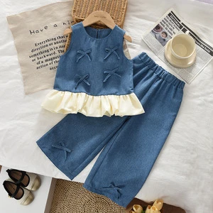 2026 Summer Fashionable New Girls' Clothing Outfit Denim Design Bow Knot Patchwork Vest Long Pants Two-Piece Set