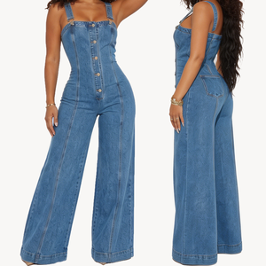 Women's Denim Overalls Wide Leg Jumpsuit Loose Fit Suspender Streetwear Baggy Romper Fashion Casual Sleeveless Bib Pants