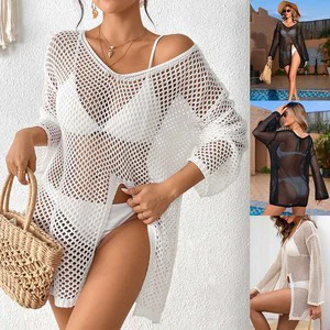 V Neck Long Sleeve Hollow Out Crochet Knitted Tunic Beach Cover up Cover-ups Beach Dress Beach Wear Beachwear Female Women