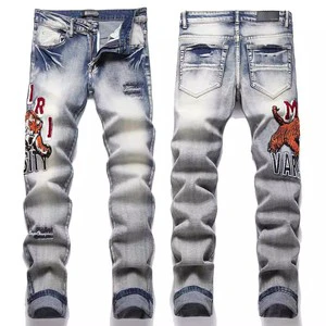 OEM Vintage Tiger Denim Embroidered Stretch Skinny Mens Fashion Jeans Trousers