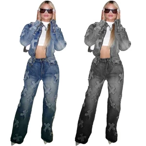 In Stock Women's Cross-Border European American Casual Denim Set New CM8710 Cross-Wash Burnt Flower Summer Western Stretch