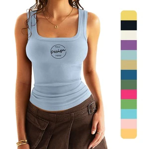 High Quality Custom Women Cotton Spandex High Stretch Slim Fit Knitted Gym Sports Vest Ribbed Square Neck Tank Tops