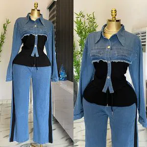Jeans Denim Outfits Long Sleeve Jacket and Pant 2 Piece Set for Women