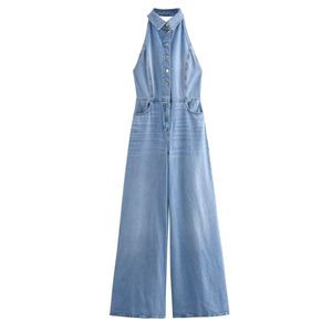 Women's Summer Hanging Neck Backless Casual Denim Backless Jumpsuit