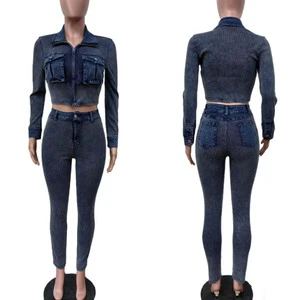 Fashion Denim Piece Sets Women Ribbed Outfit Long Sleeve Crop Tops and Jeans Suits