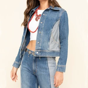 LARSUR Custom Factory Patchwork Denim Jacket Western Distress Wash Bomber Cropped Boxy Button up Casual Short Jean Jacket Women