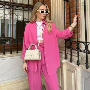 Women Casual Suit Comfortable Solid Color Lapel Long-sleeved Shirt Top Harem Pants Two-piece Set