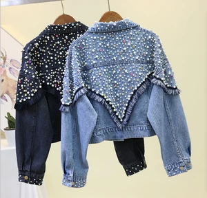 Wholesale Luxury Women's Denim Jacket Solid Pattern Long Sleeve Coat with Pearl and Diamond Beading Plus Size Winter Season