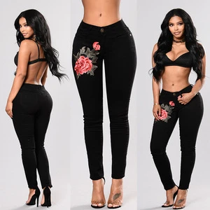 Women's Denim Jeans With Embroidery and Rips, Mid-Rise Slim Fit Long Pants in Deep Blue Light Blue, Cotton Blend Casual Chic