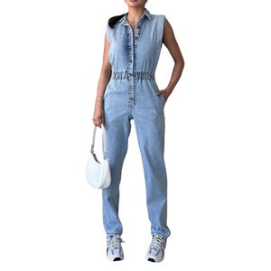 Elegant Female Denim Jumpsuit Sleeveless Shirt Loose Fit Ankle Length Breathable Washed Fabric Summer Bodysuits Jeans Overalls