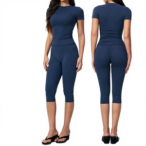 Breathable Tight Yoga Fitness Suit Solid High Waist Quick-drying Body-shaping 2-Piece Set Cropped Pants