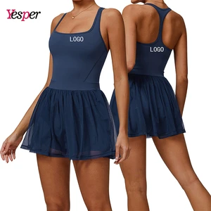 Two-in-One Gym Tennis Sport Bodysuit Yoga Fitness Jumpsuit with Pockets Inside Skirt with Chest Pad Removed Logo on Front Waist