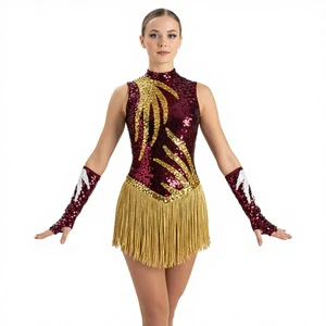 Luxury Majorette Dance Costume Gold Sequin Accents Customizable Colors Design Logo Lightweight High Quality Performance